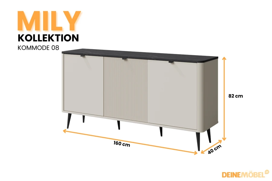 Maße für Mily Kommode 08 in Beige und Schwarz: 160 cm Breite, 82 cm Höhe, 40 cm Tiefe.