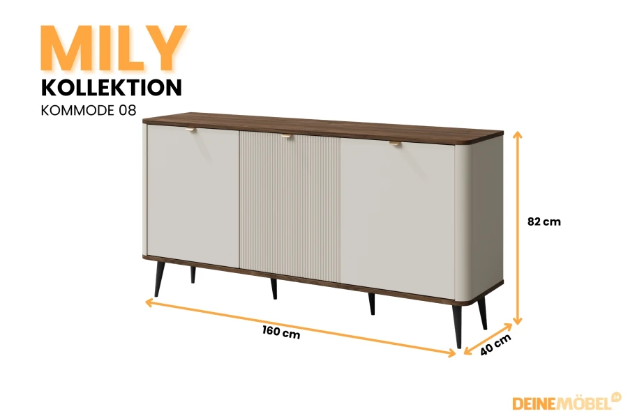 MILY Kommode 08 in Beige und Holzoptik, Sideboard mit geriffelter Front, 160x82x40 cm.