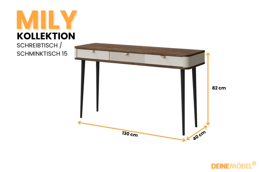 Mily Schreibtisch und Schminktisch in Walnuss und Beige, 130x82x40 cm, modernes Design.