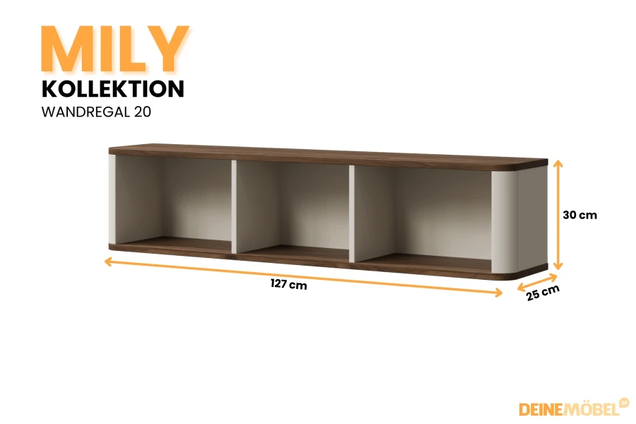 Wandregal 20 der Mily Kollektion in Walnuss-Optik mit beigen Akzenten, 127x30x25 cm.