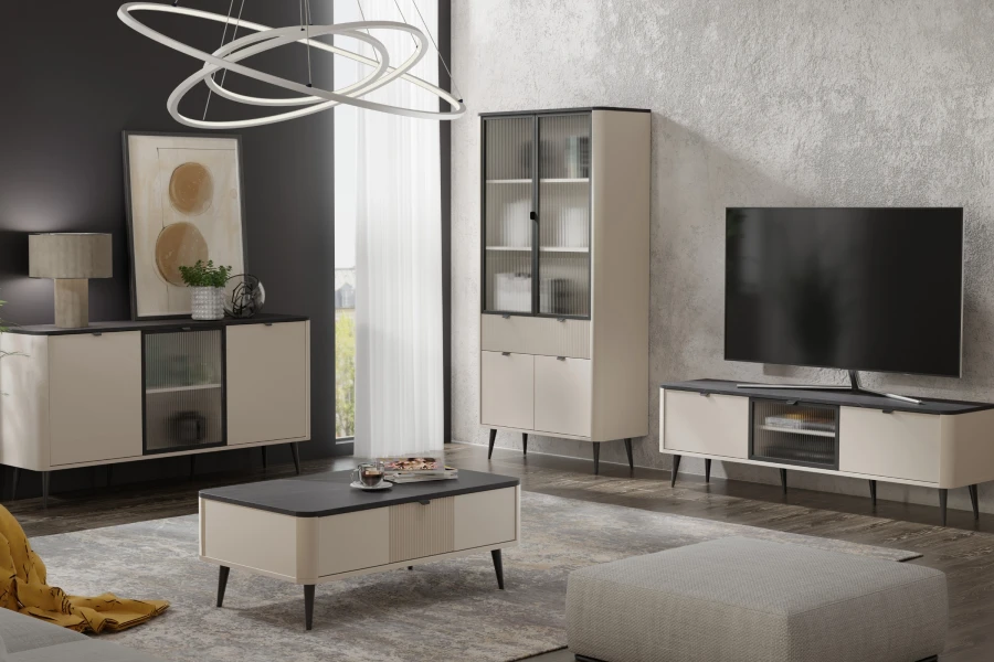 Elegantes Wohnzimmer-Set der Mily Kollektion mit TV-Board, Sideboard, Highboard und Couchtisch in Beige.