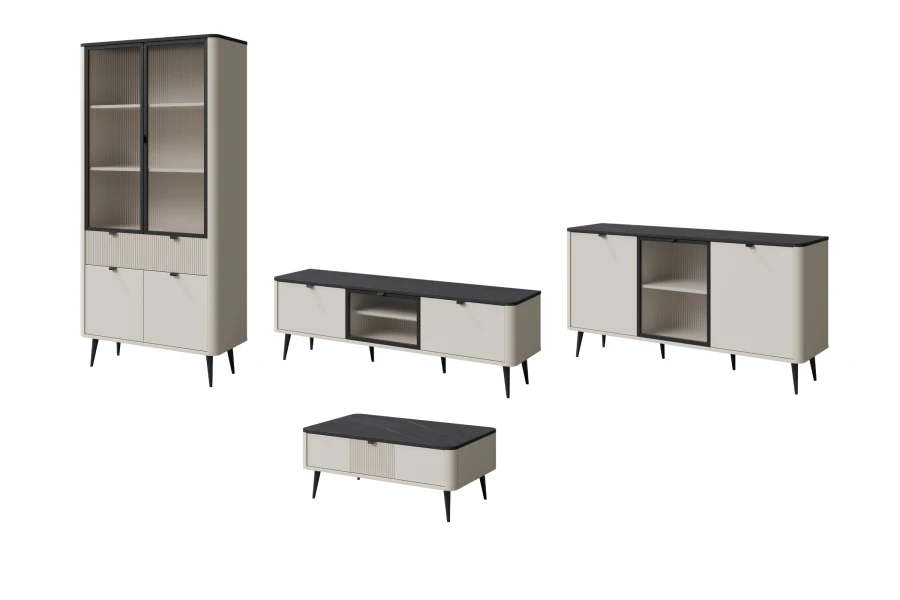 Vierteiliges Möbel-Set in Beige mit schwarzen Akzenten: Vitrine, Sideboard, TV-Board und Couchtisch.