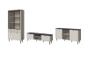 Modernes Set Mily: Vitrine, Lowboard und Sideboard in Sandbeige mit dunkler Stein-Oberfläche.