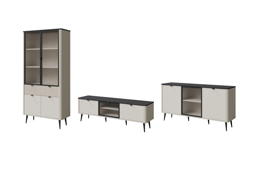 Modernes Set Mily: Vitrine, Lowboard und Sideboard in Sandbeige mit dunkler Stein-Oberfläche.