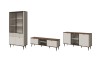 3-teiliges Möbelset Mily: Vitrine, TV-Unterschrank und Sideboard in Beige mit dunklem Holzdekor.