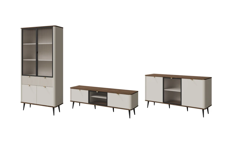 3-teiliges Möbelset Mily: Vitrine, TV-Unterschrank und Sideboard in Beige mit dunklem Holzdekor.