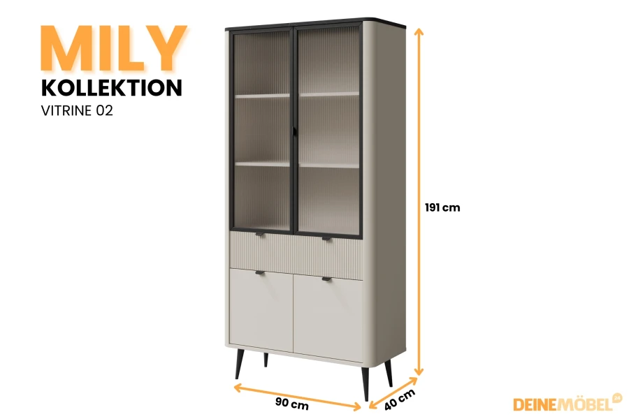 Mily Vitrine 02: Moderne Glasvitrine in Beige mit schwarzen Akzenten und Maßen 191x90x40 cm.