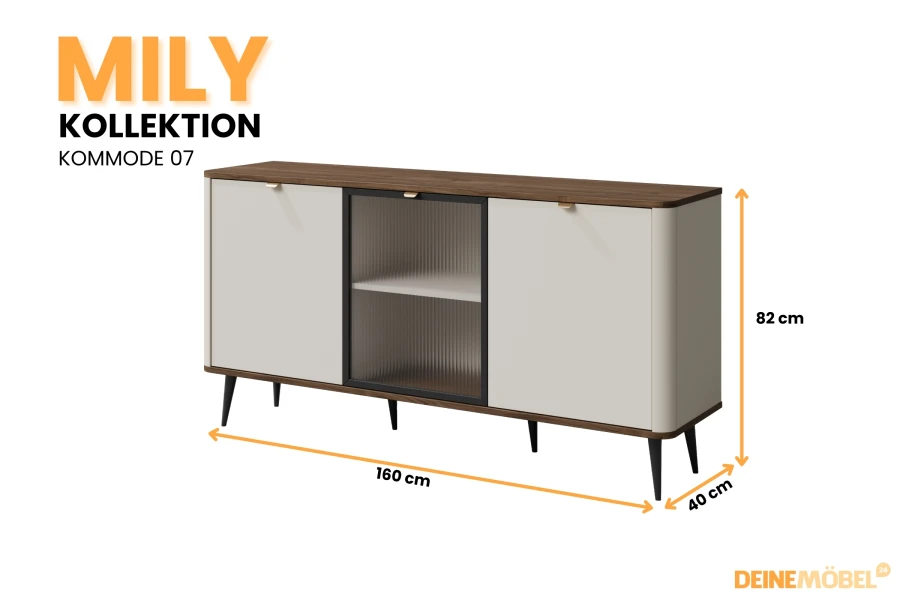 Mily Kommode 07 Beige, Holz-Optik Top, 160x82x40 cm, elegantes Sideboard für das Wohnzimmer.