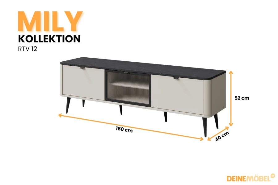 Mily TV-Board RTV 12 Beige, Marmor-Optik Platte, 160x52x40 cm, modernes Lowboard mit Glas.