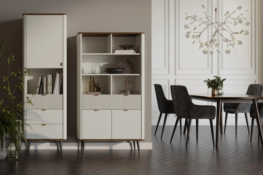 Modern dining room with stylish display cabinets, dining table, dark chairs and an artistic pendant lamp.