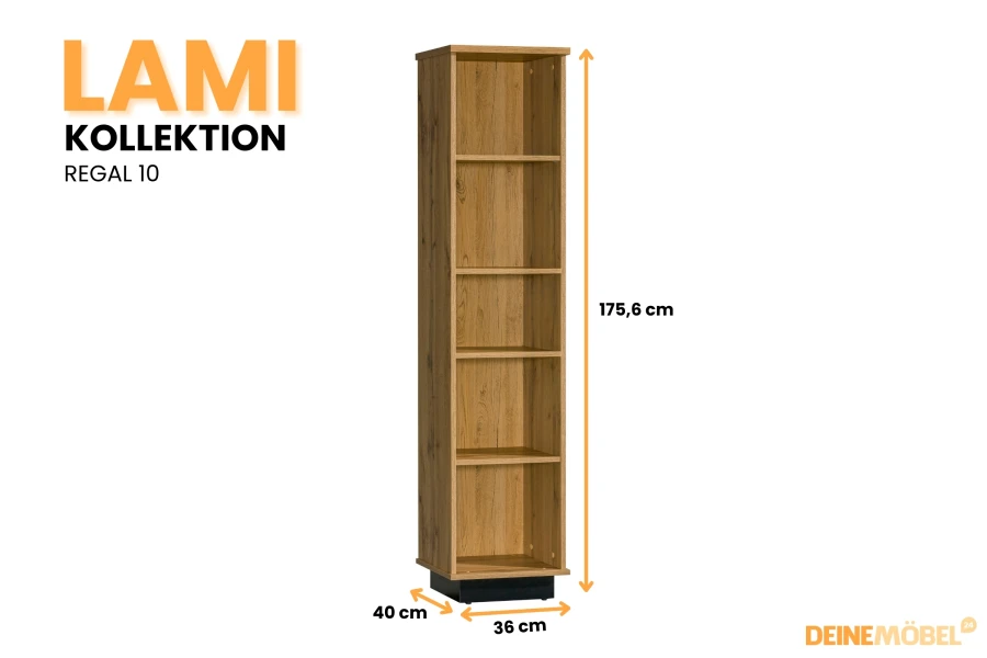 Schmales LAMI Regal 10 in Eiche-Nachbildung mit Abmessungen: 175,6 x 36 x 40 cm.