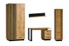 Möbelset der Lami Serie: Kleiderschrank mit Lamellen, Schreibtisch, Wandregal und Standregal aus Holz.
