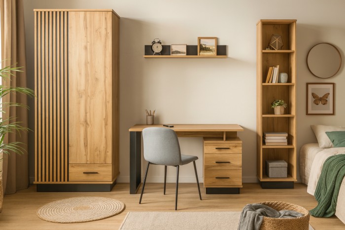 Wohnbeispiel für ein Arbeitszimmer mit Lami Möbeln, grauem Polsterstuhl und dekorativen Wohnaccessoires.