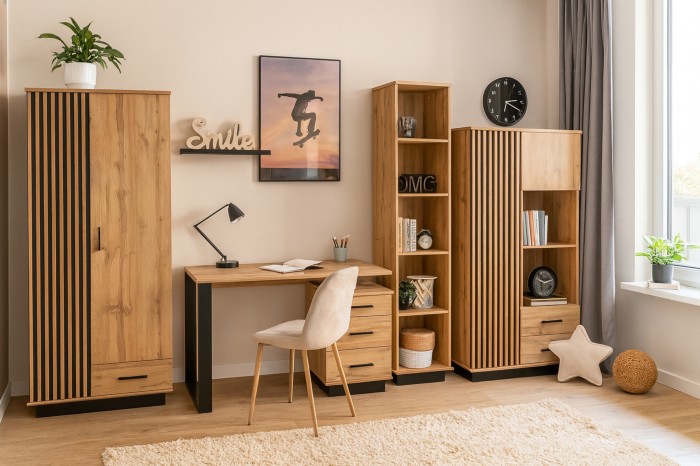 Modernes Zimmer-Design mit LAMI Möbeln: Schreibtisch, Regale und Schrank in Eiche Artisan und Schwarz.