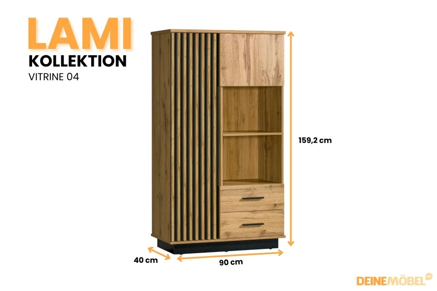 Moderne Vitrine 04 LAMI Kollektion in Eiche-Optik mit Lamellen, Maße: 90 x 159,2 x 40 cm.