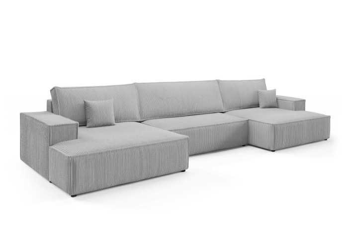 Graue U-Form Wohnlandschaft aus modernem Cordstoff vor weißem Hintergrund.