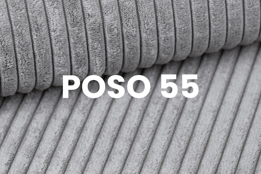 Nahaufnahme der Textur des grauen Cordstoffs Poso 55 für Sofas.