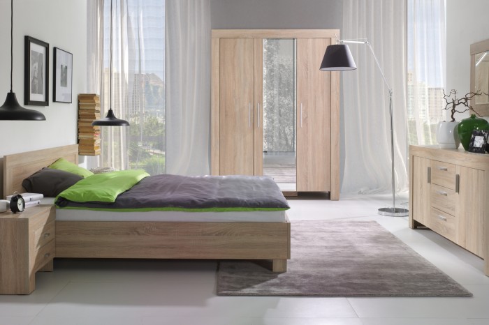 Modernes Schlafzimmer-Set in Eichenoptik mit Bett, Kleiderschrank und Nachtkommode.