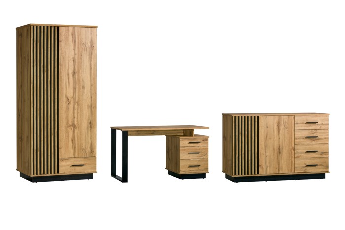 Dreiteiliges Möbel-Set der Lami Kollektion in Eiche-Optik mit Kleiderschrank, Schreibtisch und Kommode.