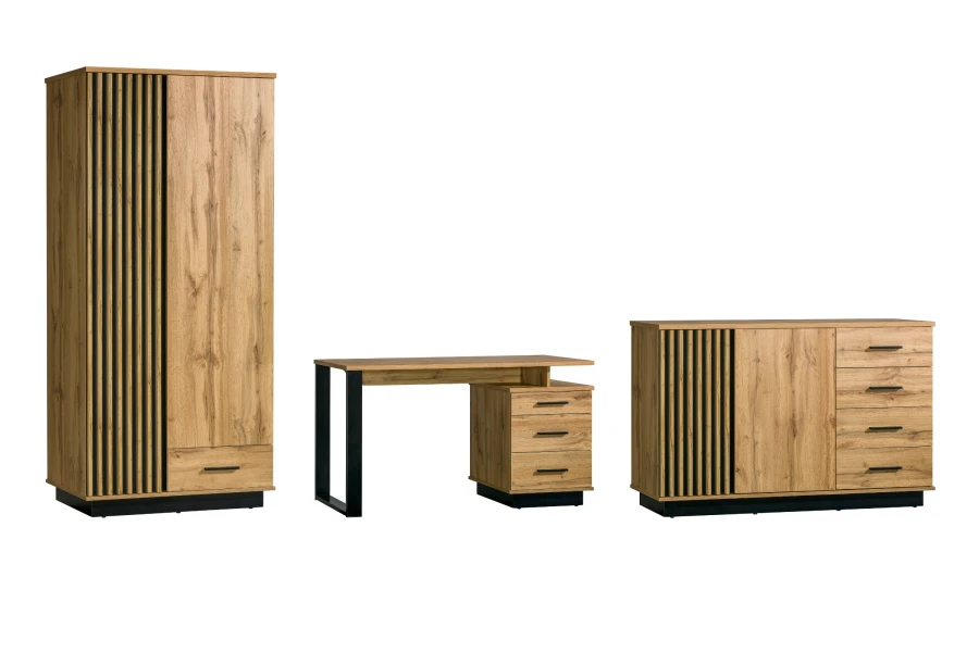 Driedelige meubelset uit de Lami-collectie in eikenlook met kledingkast, bureau en commode.