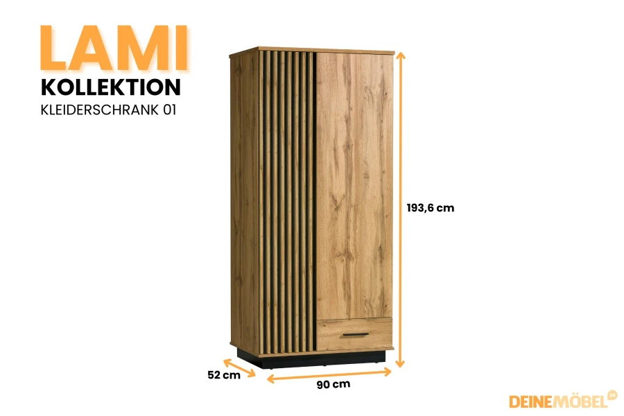 Abmessungen des Lami Kleiderschranks 01: 193,6 cm Höhe, 90 cm Breite und 52 cm Tiefe in Eiche-Optik.