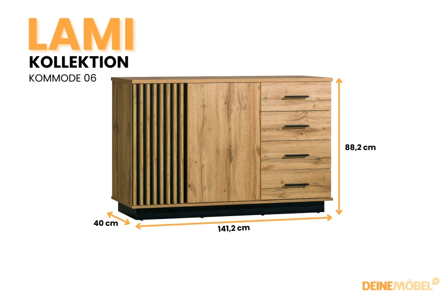 Sideboard Lami 06 in Eiche-Nachbildung mit Lamellenfront und Maßen: 141,2 x 88,2 x 40 cm.