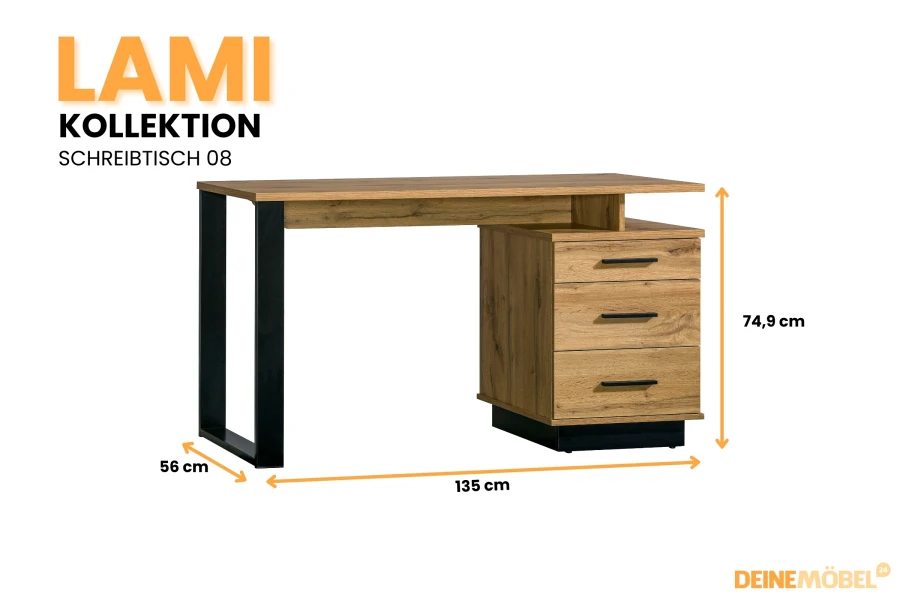 Schreibtisch Lami 08 in Eiche mit schwarzem Gestell und drei Schubladen, Maße: 135 x 74,9 x 56 cm.