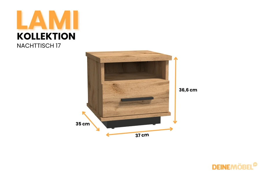 Nachttisch 17 der LAMI Kollektion in Eiche-Optik mit den Maßen 37 x 35 x 36,6 cm.