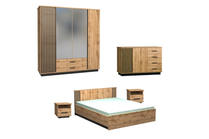 Komplettes Schlafzimmerset LAMI bestehend aus Kleiderschrank, Kommode, Bett und Nachttischen.