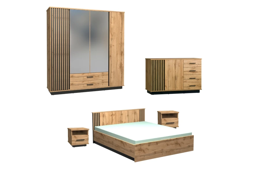 Complete slaapkamerset LAMI bestaande uit kledingkast, commode, bed en nachtkastjes.