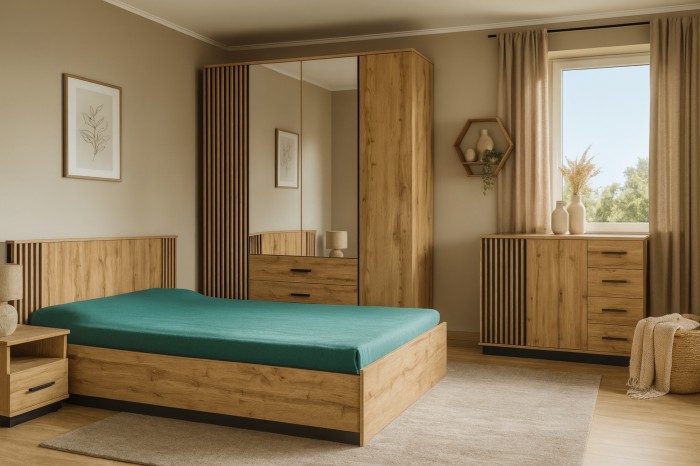 Gemütliches Schlafzimmer mit LAMI Möbeln, grünem Bettbezug und moderner Dekoration.