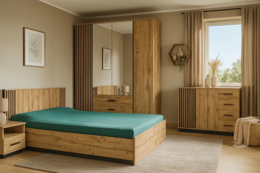 Gezellige slaapkamer met LAMI meubels, groen dekbedovertrek en moderne decoratie.