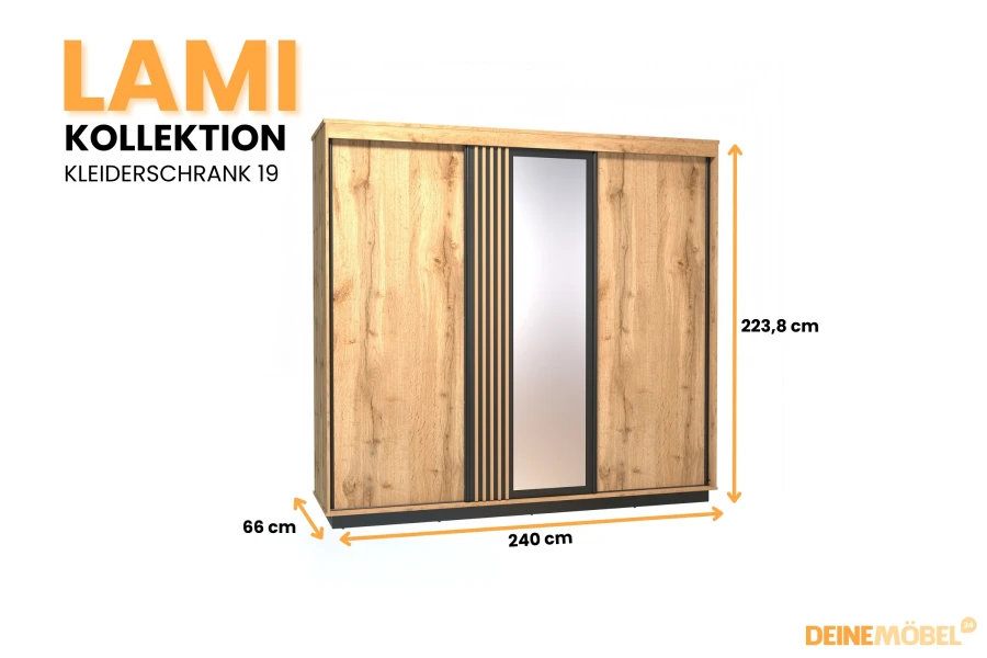 LAMI Kleiderschrank 19: Großer Schwebetürenschrank mit Spiegel und Lamellen, 240 cm breit.