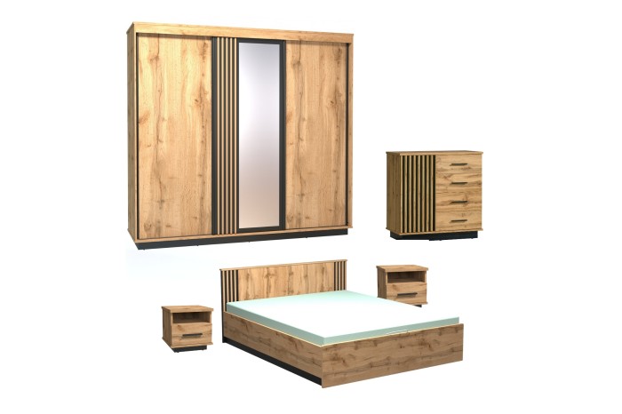 Lami Schlafzimmer-Set bestehend aus Kleiderschrank, Doppelbett, Kommode und zwei Nachttischen in Eiche-Optik.