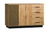 Moderne Kommode Lami 06 in Eiche-Optik mit schwarzen Lamellen-Details und vier geräumigen Schubladen.