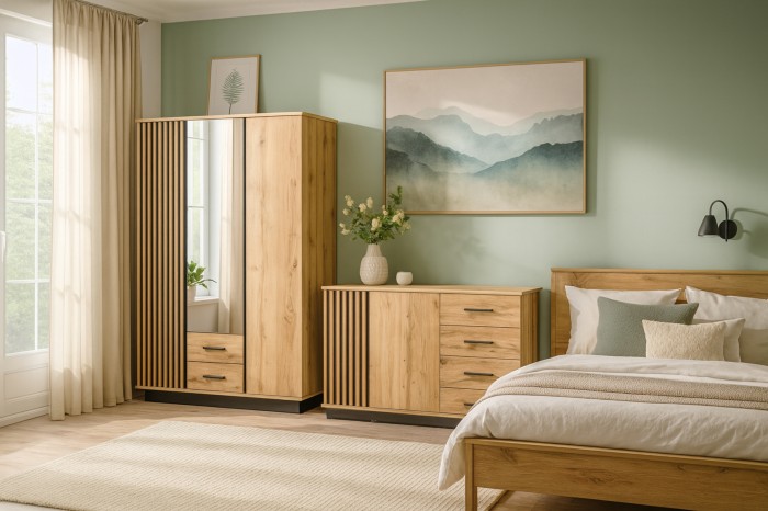 Modernes Schlafzimmer-Ambiente mit Lami Kleiderschrank und Kommode in Eiche vor einer dezent grünen Wand.
