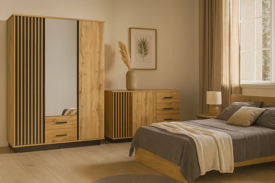 Modernes Eichenschlafzimmer mit Kleiderschrank, Kommode und Bett in warmem Licht.