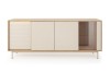 Modernes Sideboard in Eiche und Beige mit LED-Beleuchtung und Glaselement, Frontansicht.