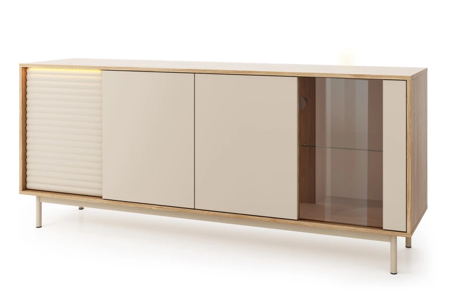 Elegantes Sideboard der TOGY Kollektion in Beige und Eiche-Optik, Seitenansicht.