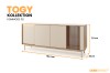 Moderne Kommode Togy 02 in Eiche-Optik und Sandbeige mit Glasvierteil und Maßen.