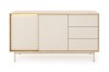 Elegante Kommode in Beige und Eiche mit Riffel-Optik und dezenter LED-Beleuchtung.