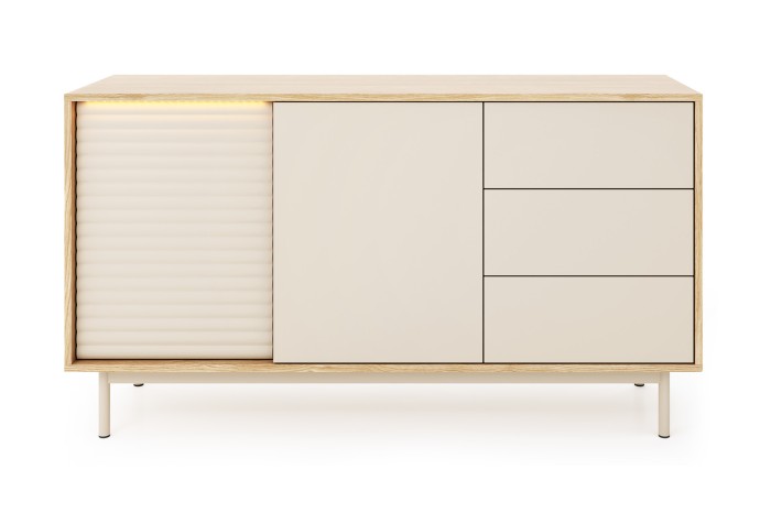 Elegante Kommode in Beige und Eiche mit Riffel-Optik und dezenter LED-Beleuchtung.