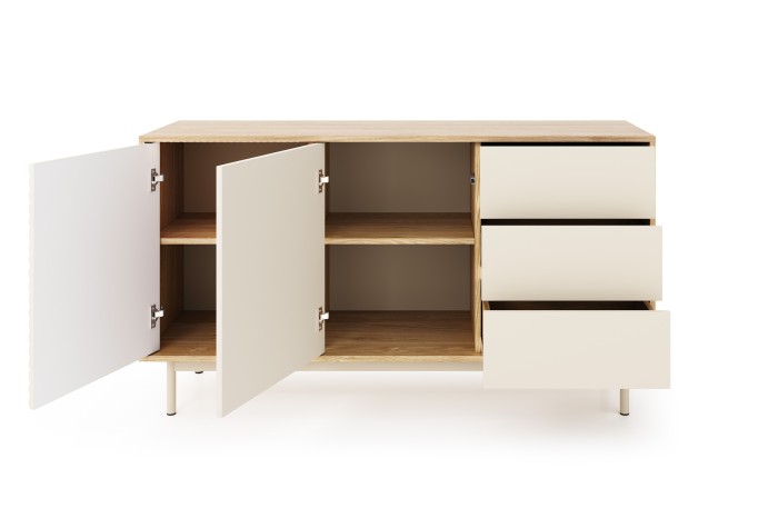 Offenes Sideboard mit viel Stauraum durch Einlegeböden und drei praktische Schubladen.