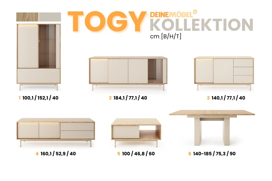 Übersicht der Togy Kollektion: Verschiedene Sideboards, TV-Lowboard und Esstisch mit Abmessungen.