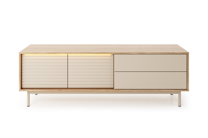 Modernes TV-Lowboard in Holzoptik und Beige mit integrierter LED-Beleuchtung.