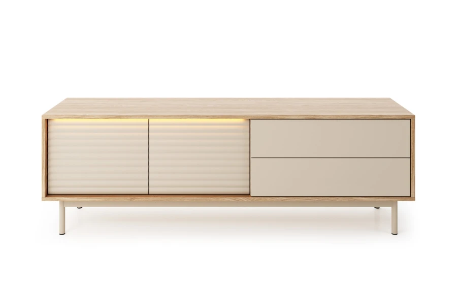 Modernes TV-Lowboard in Holzoptik und Beige mit integrierter LED-Beleuchtung.