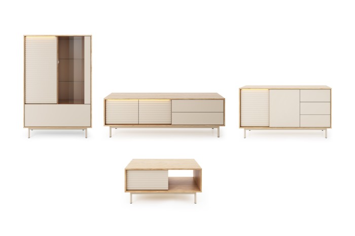 Vierteiliges Möbel-Set bestehend aus Highboard, Lowboard, Sideboard und Couchtisch in Eichenoptik.
