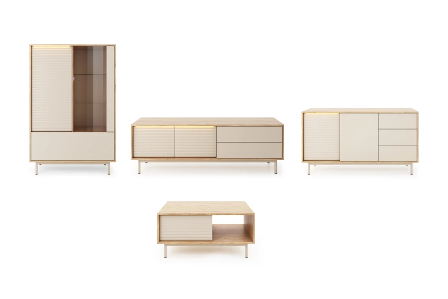 Vierteiliges Möbel-Set bestehend aus Highboard, Lowboard, Sideboard und Couchtisch in Eichenoptik.