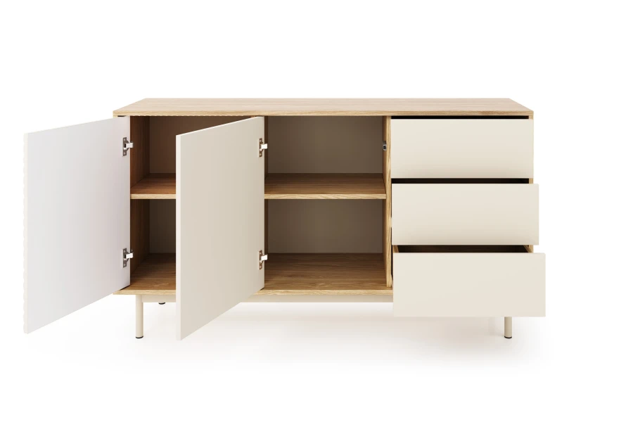 Offenes Sideboard der TOGY Kollektion mit Türen und Schubladen in Eiche und Beige.