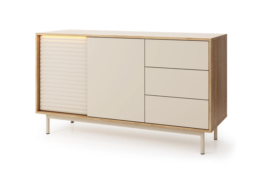 Geschlossenes TOGY Sideboard mit dekorativer Riffeloptik, LED-Lichtleiste und drei Schubladen.
